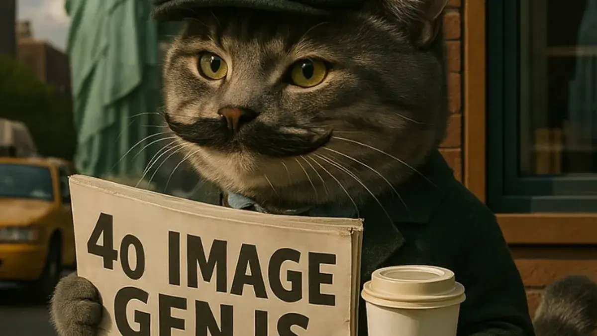 Chat anthropomorphe tenant un journal affichant la capacité GPT-4o intégrée à Microsoft Copilot pour générer des images réalistes.