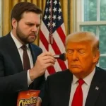 Un homme maquille un deepfake de Donald Trump avec de la poudre orange issue d’un sachet de Cheetos