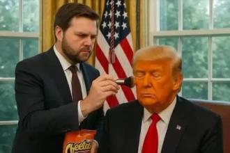 Un homme maquille un deepfake de Donald Trump avec de la poudre orange issue d’un sachet de Cheetos