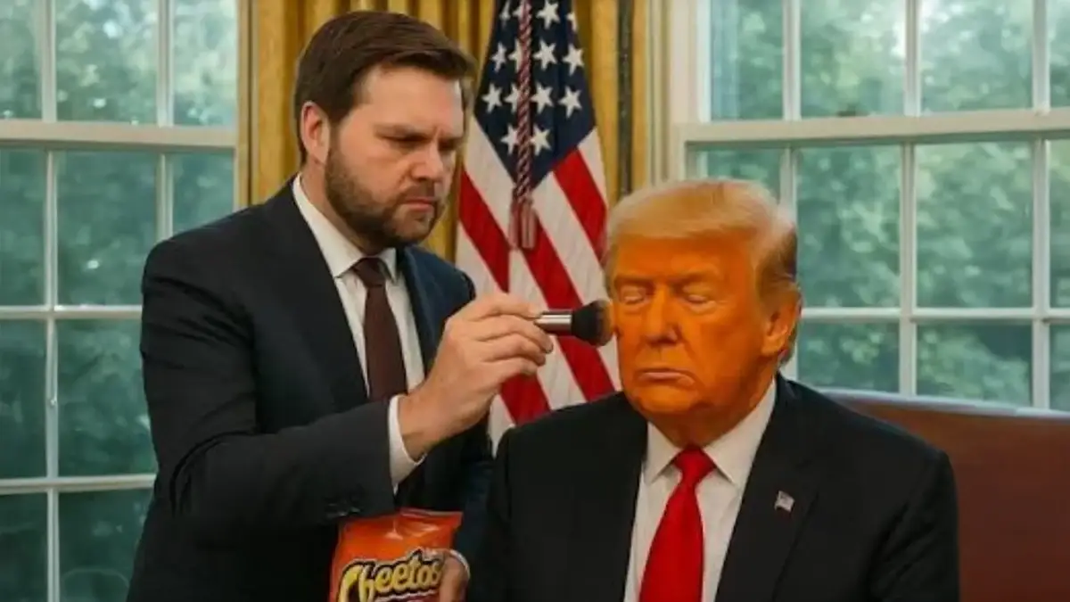 Un homme maquille un deepfake de Donald Trump avec de la poudre orange issue d’un sachet de Cheetos