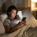 Femme allongée dans son lit en train de faire défiler son smartphone la nuit