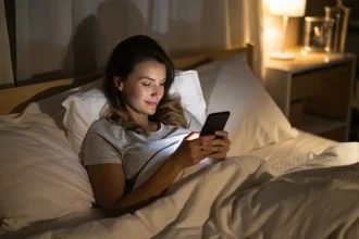 Femme allongée dans son lit en train de faire défiler son smartphone la nuit
