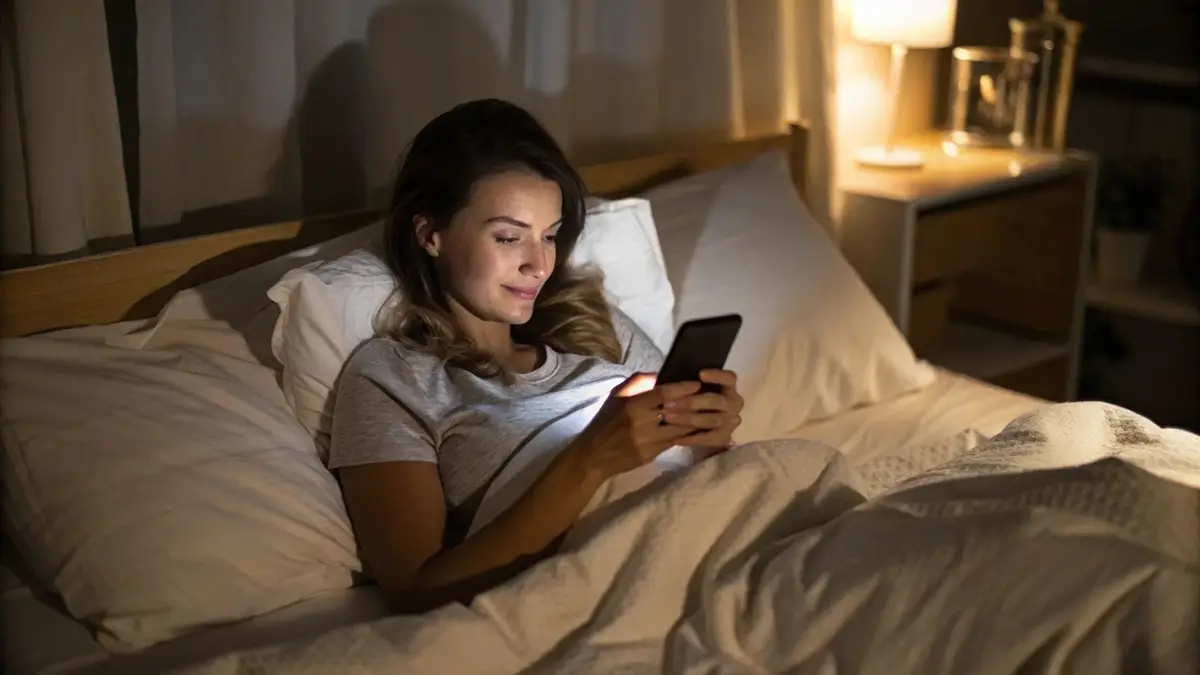 Femme allongée dans son lit en train de faire défiler son smartphone la nuit