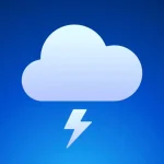 Icône stylisée d’un nuage blanc accompagné d’un éclair sur fond bleu uni, représentant l’identité visuelle de l’application Flashes dans l’écosystème Bluesky.