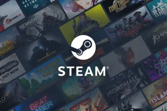 Logo de Steam au centre d’un collage de jaquettes de jeux vidéo populaires sur la plateforme