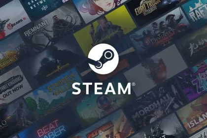Logo de Steam au centre d’un collage de jaquettes de jeux vidéo populaires sur la plateforme