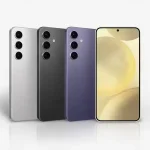 Trois modèles du Samsung Galaxy S24 alignés de dos, à côté d’un appareil vu de face affichant son écran AMOLED
