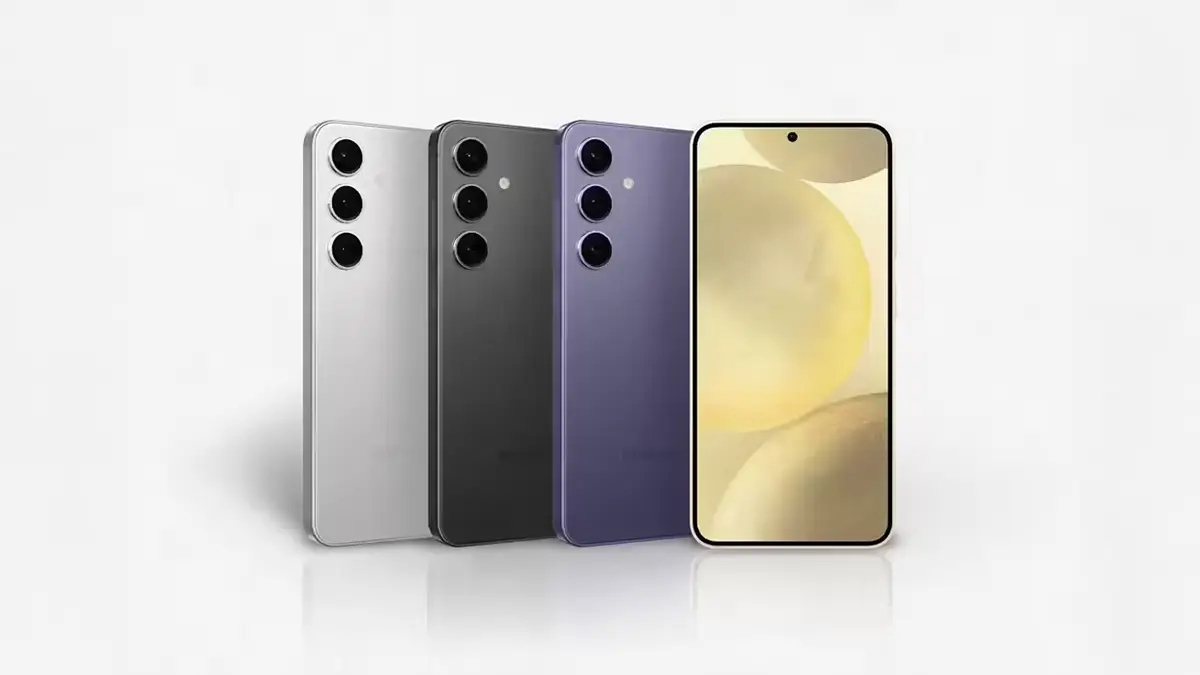 Trois modèles du Samsung Galaxy S24 alignés de dos, à côté d’un appareil vu de face affichant son écran AMOLED
