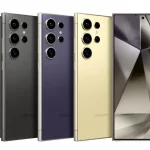 Cinq smartphones Galaxy S24 Ultra alignés, présentés en plusieurs coloris avec stylet.