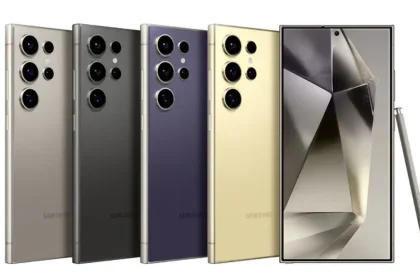 Cinq smartphones Galaxy S24 Ultra alignés, présentés en plusieurs coloris avec stylet.