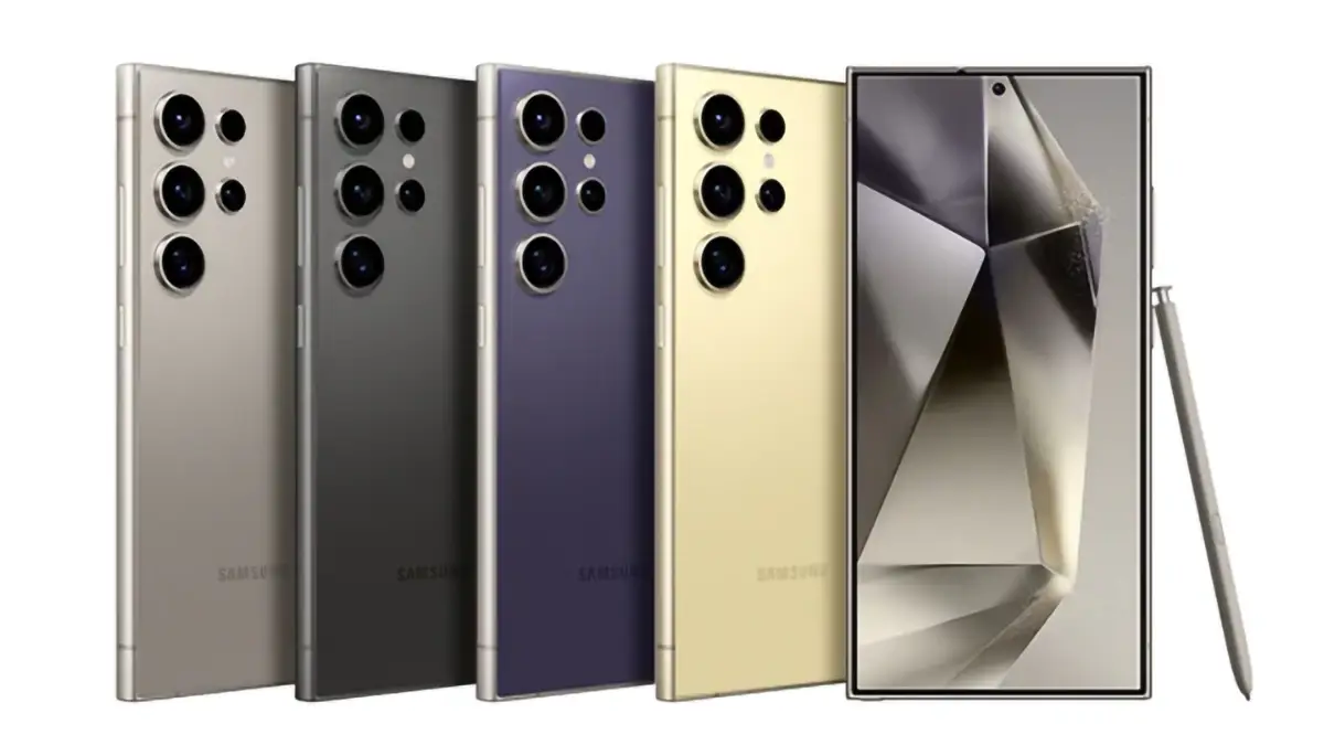 Cinq smartphones Galaxy S24 Ultra alignés, présentés en plusieurs coloris avec stylet.