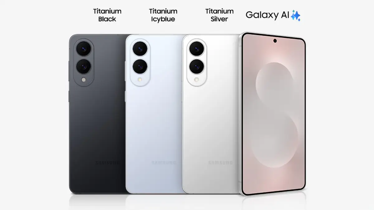 Les trois coloris du Galaxy S25 Edge alignés, avec mention de Galaxy AI