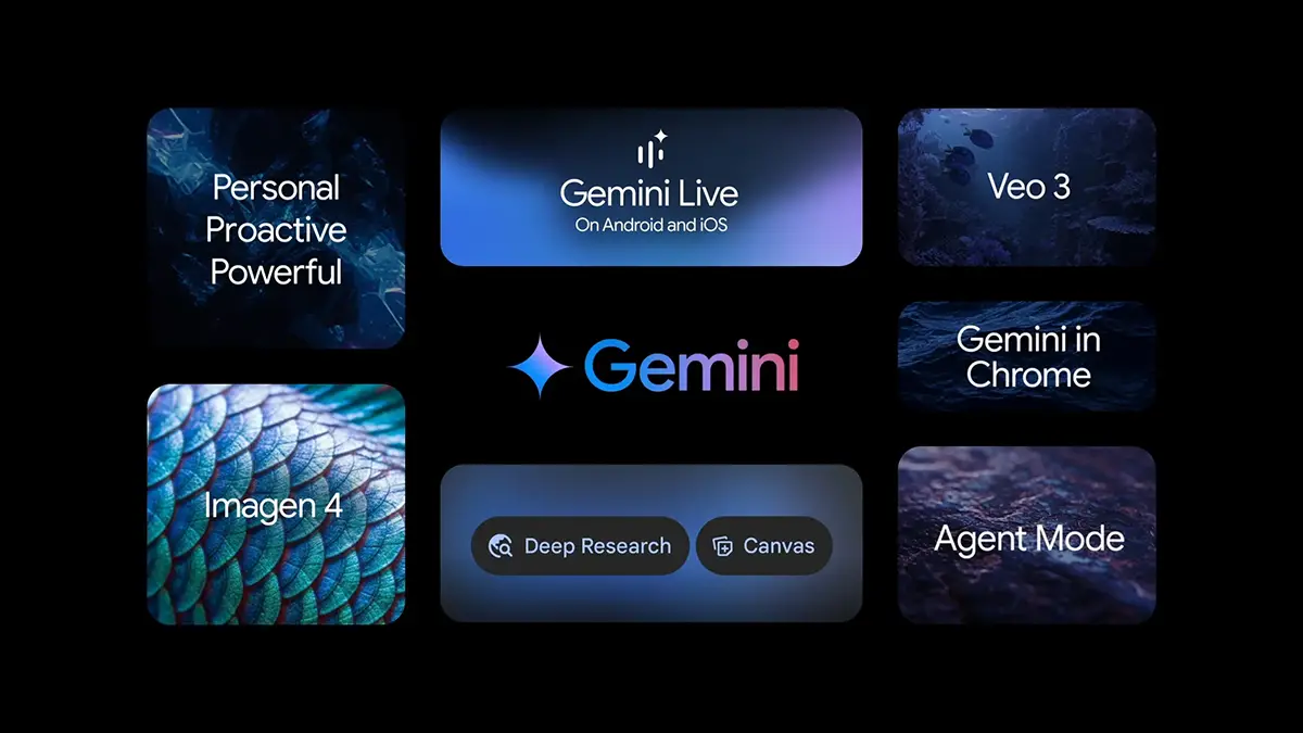 Visuel de présentation de Google Gemini à l’I/O 2025 avec ses nouvelles fonctionnalités majeures sur fond noir.