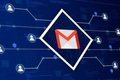 Icône Gmail au centre d’un réseau d’utilisateurs connectés, sur fond de code numérique.