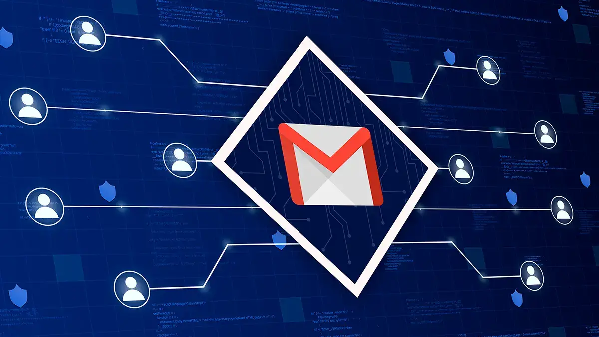 Icône Gmail au centre d’un réseau d’utilisateurs connectés, sur fond de code numérique.