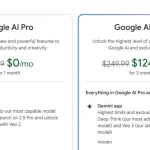 Comparatif des offres Google AI Pro et Google AI Ultra, avec tarifs mensuels et fonctionnalités clés
