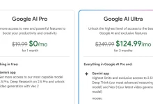 Comparatif des offres Google AI Pro et Google AI Ultra, avec tarifs mensuels et fonctionnalités clés