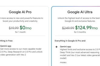 Comparatif des offres Google AI Pro et Google AI Ultra, avec tarifs mensuels et fonctionnalités clés