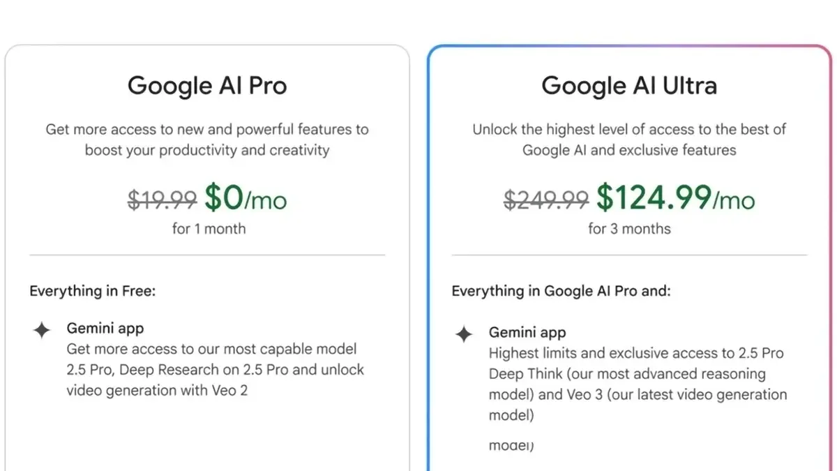 Comparatif des offres Google AI Pro et Google AI Ultra, avec tarifs mensuels et fonctionnalités clés