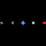Icônes des services Google (Gmail, Photos, Maps, Gemini, Agenda, YouTube, Google) sur fond noir, symbolisant l’intégration de l’IA.