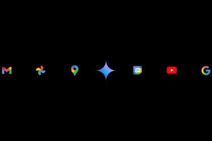 Icônes des services Google (Gmail, Photos, Maps, Gemini, Agenda, YouTube, Google) sur fond noir, symbolisant l’intégration de l’IA.