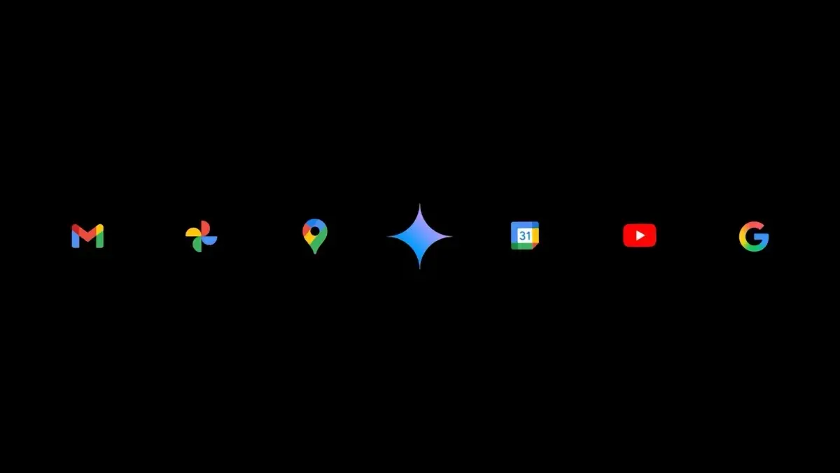 Icônes des services Google (Gmail, Photos, Maps, Gemini, Agenda, YouTube, Google) sur fond noir, symbolisant l’intégration de l’IA.