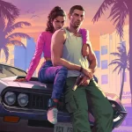 Jason et Lucia, les deux protagonistes de GTA 6, posent devant une voiture dans un décor urbain rétro.