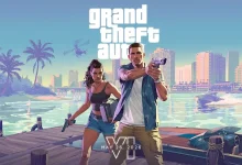 Jason et Lucia armés sur un quai, avec Vice City en arrière-plan dans GTA VI