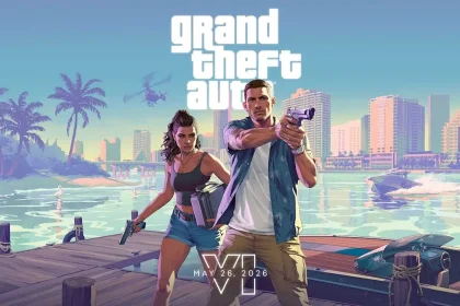 Jason et Lucia armés sur un quai, avec Vice City en arrière-plan dans GTA VI