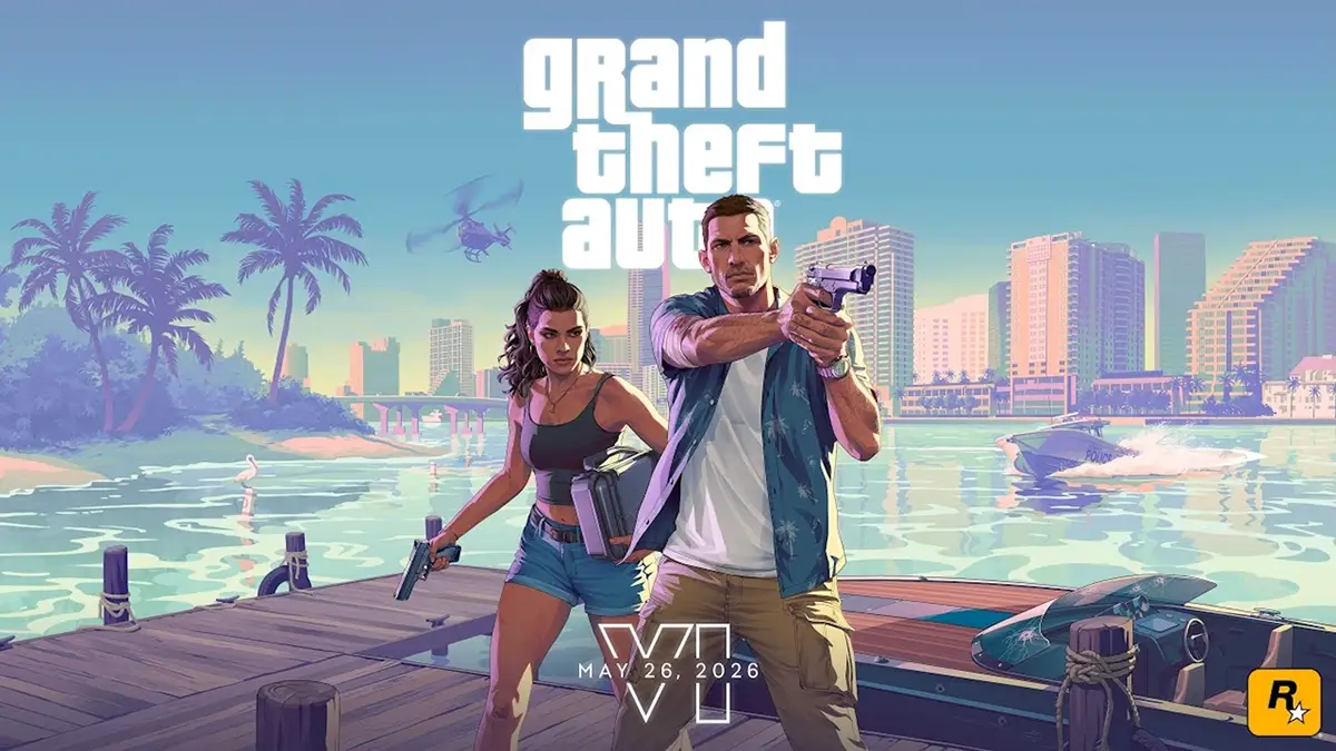 Jason et Lucia armés sur un quai, avec Vice City en arrière-plan dans GTA VI
