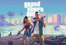 Visuel promotionnel de GTA 6 avec les deux personnages principaux armés, devant un décor côtier inspiré de Miami.