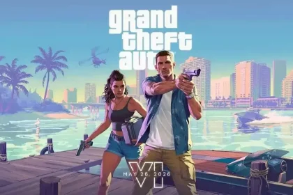 Visuel promotionnel de GTA 6 avec les deux personnages principaux armés, devant un décor côtier inspiré de Miami.