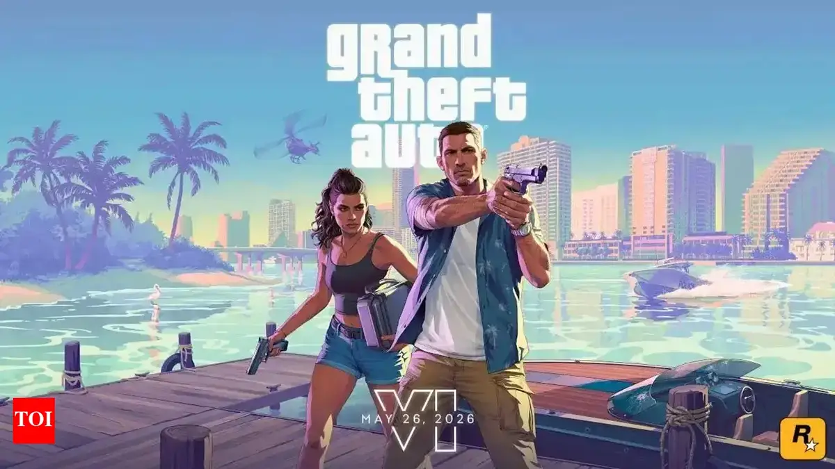 Visuel promotionnel de GTA 6 avec les deux personnages principaux armés, devant un décor côtier inspiré de Miami.