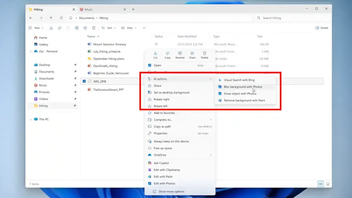 Menu contextuel de Windows 11 affichant les premières actions IA, dont flou d’arrière-plan et recherche visuelle Bing.