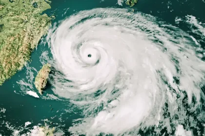 Vue satellite d’un cyclone tropical près de Taïwan, illustrant les capacités des prévisions météo IA