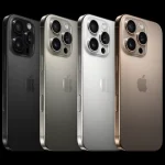 iPhone 16 Pro et 16 Pro Max affichés en quatre coloris avec dos en titane et triple caméra