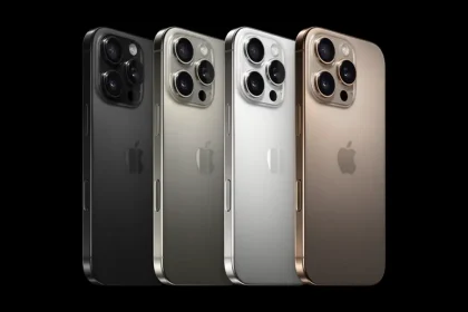 iPhone 16 Pro et 16 Pro Max affichés en quatre coloris avec dos en titane et triple caméra