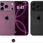Trois modèles de la gamme iPhone 17 affichés de face et de dos, en bleu, violet et noir, avec triple caméra arrière sur les versions Pro.