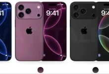 Trois modèles de la gamme iPhone 17 affichés de face et de dos, en bleu, violet et noir, avec triple caméra arrière sur les versions Pro.