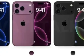 Trois modèles de la gamme iPhone 17 affichés de face et de dos, en bleu, violet et noir, avec triple caméra arrière sur les versions Pro.