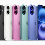 Gamme d’iPhone exposée en cinq coloris, illustrant les modèles récents conçus par Apple et assemblés en Asie.