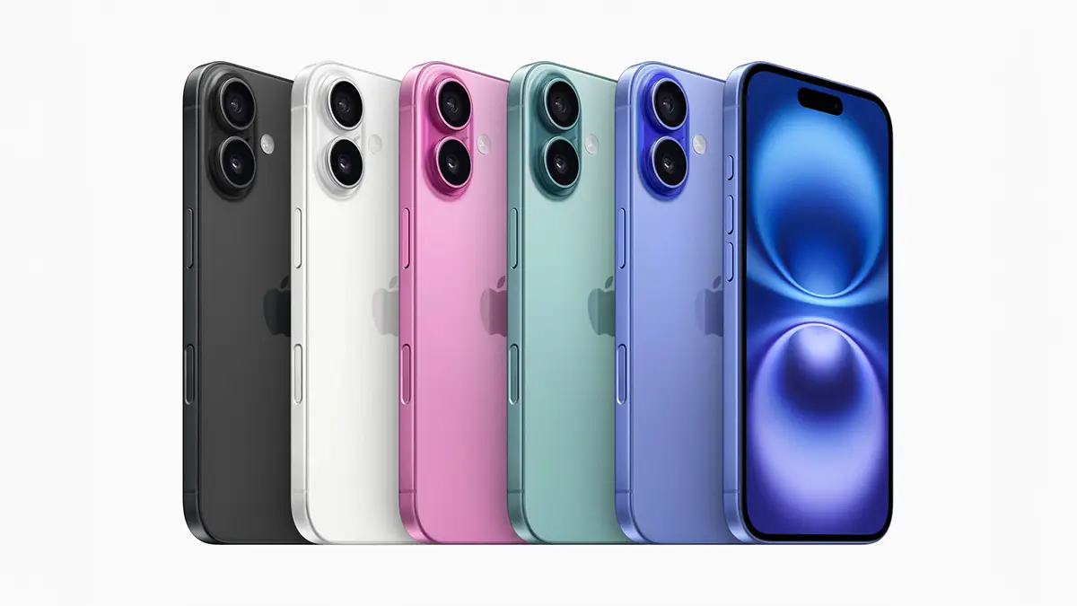 Gamme d’iPhone exposée en cinq coloris, illustrant les modèles récents conçus par Apple et assemblés en Asie.