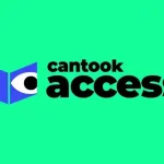 Logo de Cantook Access par De Marque, icône de livre bleu avec œil stylisé sur fond vert