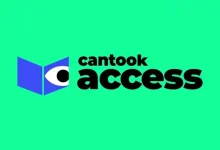 Logo de Cantook Access par De Marque, icône de livre bleu avec œil stylisé sur fond vert