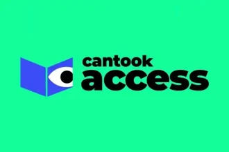 Logo de Cantook Access par De Marque, icône de livre bleu avec œil stylisé sur fond vert