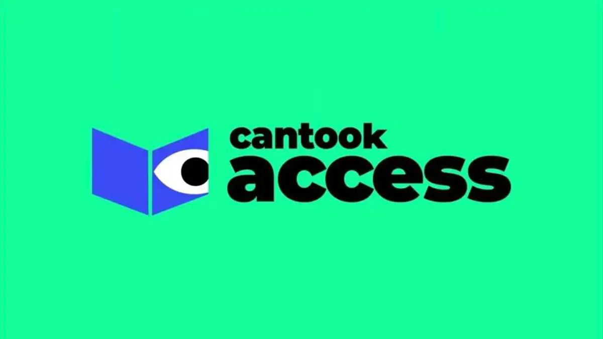 Logo de Cantook Access par De Marque, icône de livre bleu avec œil stylisé sur fond vert