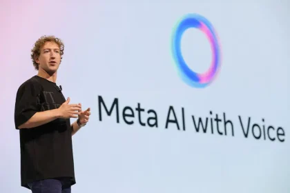 Mark Zuckerberg présente Meta AI with Voice lors d’une conférence, en évoquant les amis virtuels et l’IA conversationnelle.