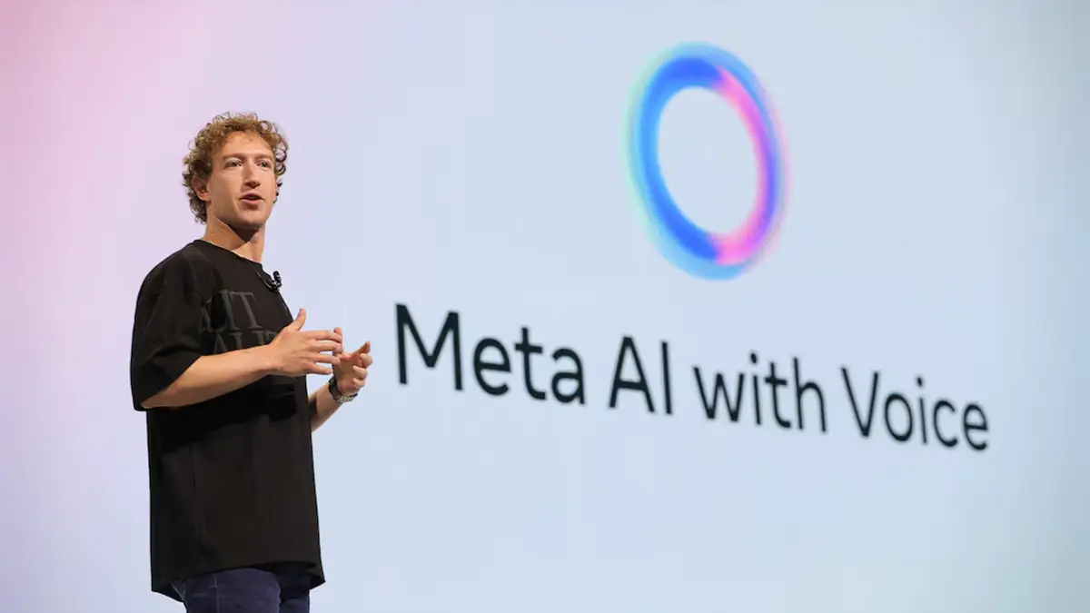 Mark Zuckerberg présente Meta AI with Voice lors d’une conférence, en évoquant les amis virtuels et l’IA conversationnelle.