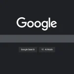 Interface de Google avec bouton Mode IA activé sur fond sombre, illustrant la nouvelle expérience de recherche par intelligence artificielle