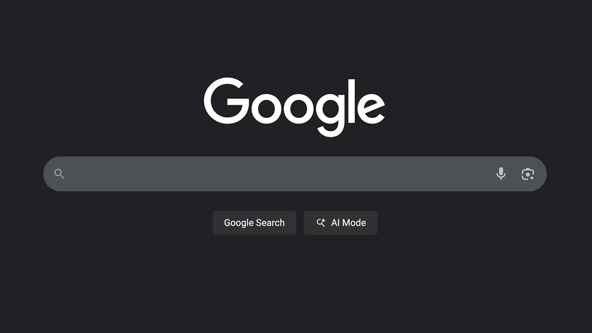 Interface de Google avec bouton Mode IA activé sur fond sombre, illustrant la nouvelle expérience de recherche par intelligence artificielle
